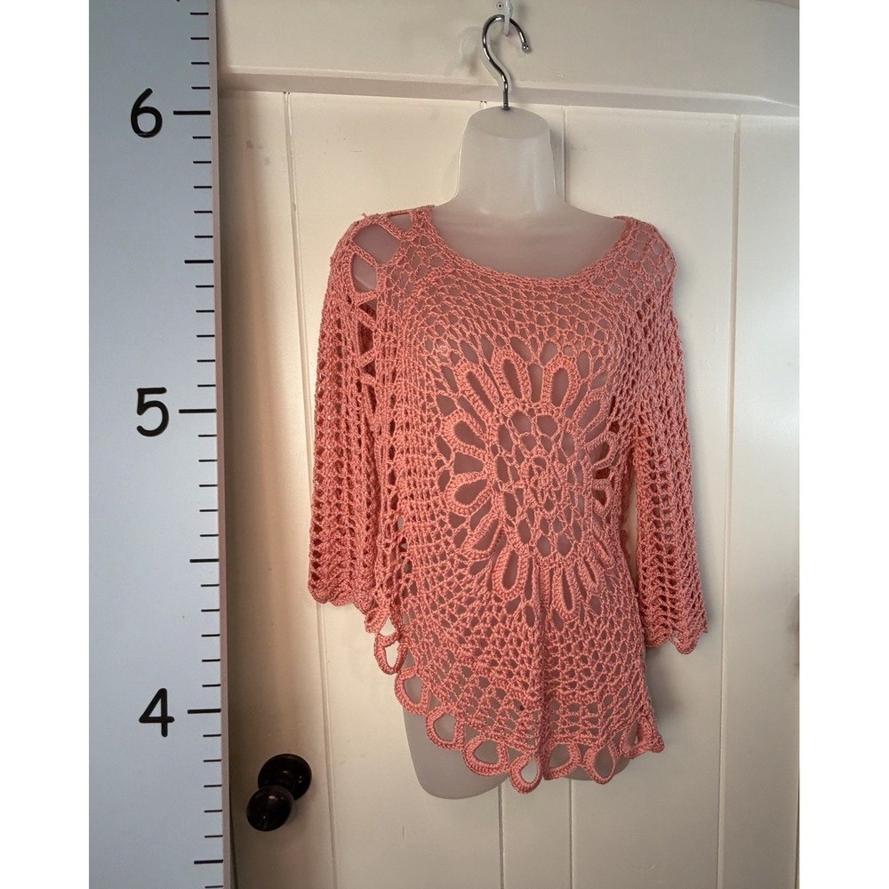 Roz & Ali Top Women's Medium Pink Crochet Asymmetrical Open Knit Boho‎ Festival